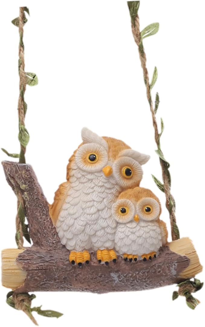 Swing Animal Garden Statue, Hanging Sculpture,Creative, Cartoon Cute Figurine Resin Ornament for Outdoor Courtyard Tree, Owl Statue