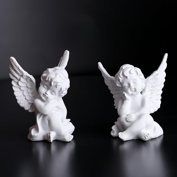 orenm 2 Pack Resin Cherubs White Angel Statue Figurine, Garden Sleeping Cherub Statue Sculpture Indoor Outdoor Home Decoration, Cute Adorable Angle Sculpture Memorial Statue(4" Height) (White)