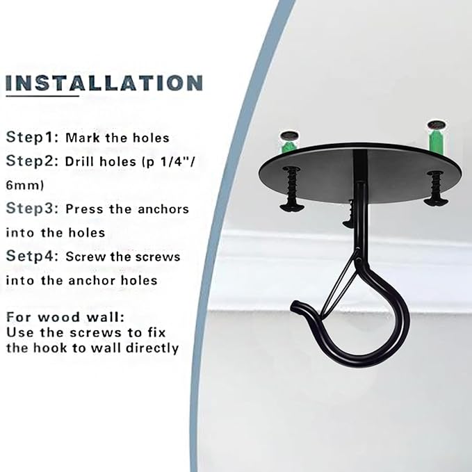 4 Pcs Black Ceiling Hooks for Hanging Plants Holder with Safety Buckle,Ceiling Decor Hook Heavy Duty,Metal Plant Hanger Indoor&Outdoor.Hooks for Hanging Plants,Wind Chime,Bird Feeders (Black)