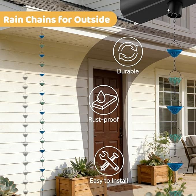 dreamysoul Rain Chains for Outside, 10 FT Lotus Decorative Rain Catcher Chains with 16 Cups, Replacement for Downspout Gutters, Eaves, Drainage
