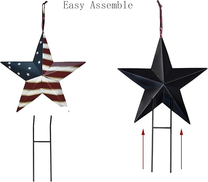 2set Metal Star Barn Yard Sign Garden Stake Decor for 4th of July Veterans Day, Patriotic US Flag Barn Star Yard Stake Outdoor Patio Lawn Decorations or Rustic Star Barn Ornament Wall Decor for House