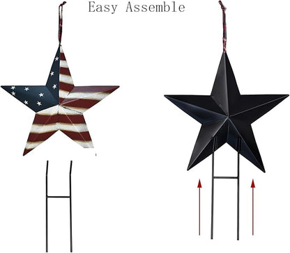 2set Metal Star Barn Yard Sign Garden Stake Decor for 4th of July Veterans Day, Patriotic US Flag Barn Star Yard Stake Outdoor Patio Lawn Decorations or Rustic Star Barn Ornament Wall Decor for House