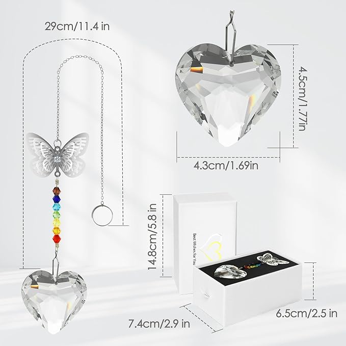 Merrynine Crystal Suncatcher, K9 Crystal Sun Catcher for Window Prism Ball, Unique Pendant Gift, Rainbow Maker with Butterfly Chain for Easy Hanging Indoor Outdoor Decoration (Butterfly Heart)