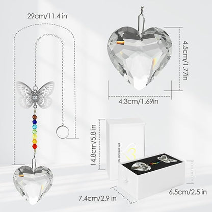 Merrynine Crystal Suncatcher, K9 Crystal Sun Catcher for Window Prism Ball, Unique Pendant Gift, Rainbow Maker with Butterfly Chain for Easy Hanging Indoor Outdoor Decoration (Butterfly Heart)