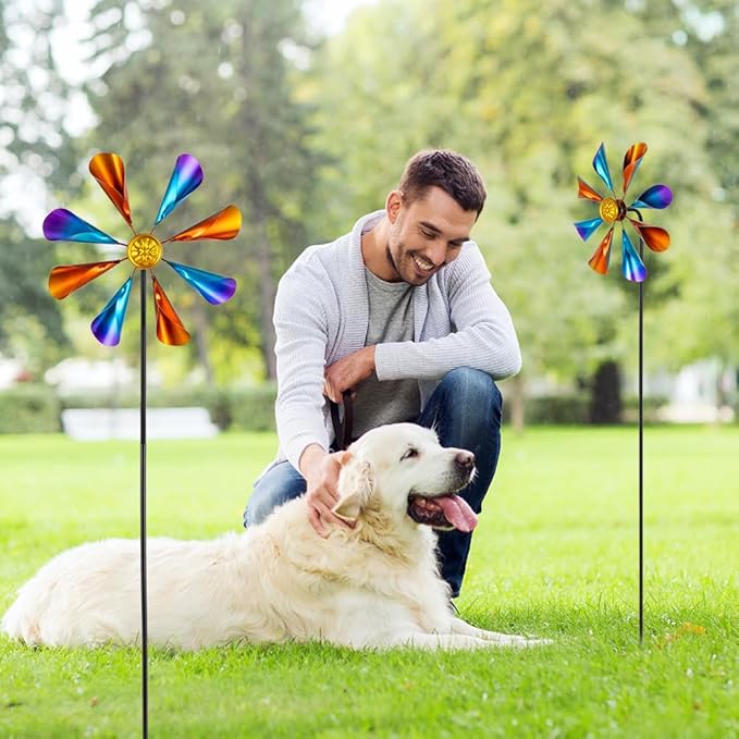 DREAMYSOUL 2 Pack Wind Spinners Outdoor, 10" Dia Metal Pinwheels for Yard and Garden, Kinetic Wind Sculptures & Spinner Outside (Colorful)