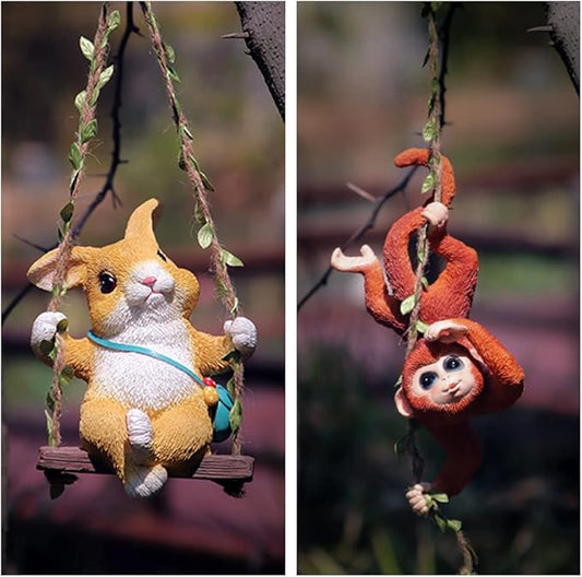 WAYUTO Swing Garden Rabbit Statue Ornament Decorative Hanging Hammock Animal Figurines Cute Resin Rabbit Figure Outdoor Funny Garden Decor for Patio Yard Lawn Fence Pathway Backyard Landscape Tree
