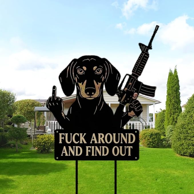 F Around & Find Out Dog Sentry Metal Dogs Silhouette Garden Stake with Middle Finger &Weapon Sign, FAFO Security Sign Middle Finger Dog Statue Decor for Outdoor Yard Patio (Dachshund, 6 * 12")