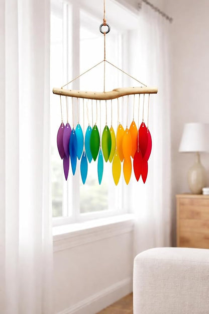 Rainbow Glass Wind Chime, Large 20″ – Multicolor Sandblasted Recycled Glass & Driftwood Coastal Hanging Chime for Porch, Patio & Home