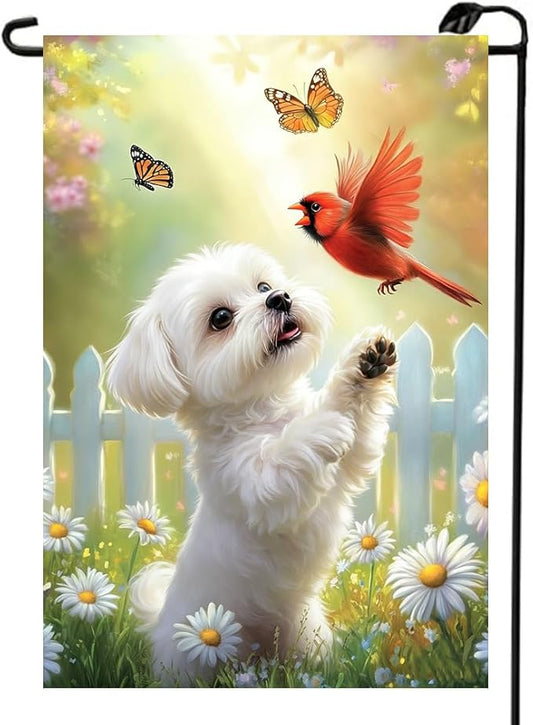 Spring Summer Maltese Dog Garden Flags 12x18 Double Sided, Small Burlap Seasonal Cardinal Floral Garden Flag Spring Summer Outdoor Yard Decorations for Outside Lawn Decor