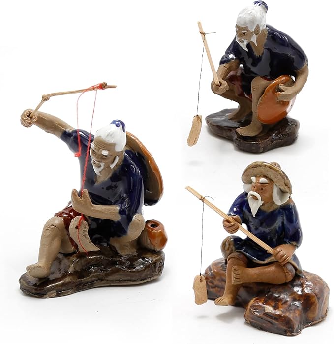 3 PCS Fisherman Statue Fishing Ornament Bonsai Accessory Tree Pot Chinese Clay Man Ceramic Garden Decoration Fish Tank Bonsai Garden Decoration