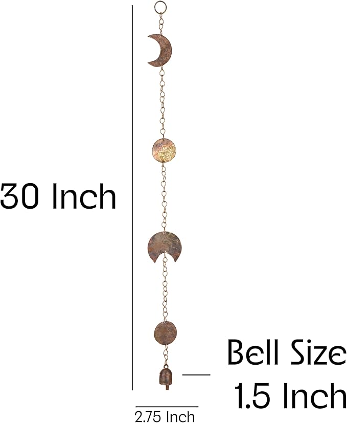 Moon Phase Hanging with Rustic Bell – 30 Inch Hammered Metal Wind Chime for Bedroom, Dorm, or Living Room – Boho Gold Celestial Decor for Cottagecore, Astrology Lovers, and Lunar-Inspired Spaces