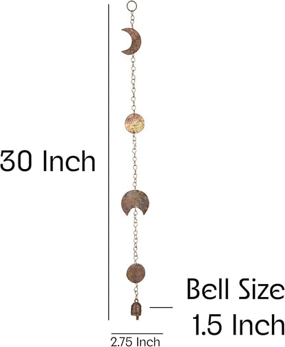 Moon Phase Hanging with Rustic Bell – 30 Inch Hammered Metal Wind Chime for Bedroom, Dorm, or Living Room – Boho Gold Celestial Decor for Cottagecore, Astrology Lovers, and Lunar-Inspired Spaces
