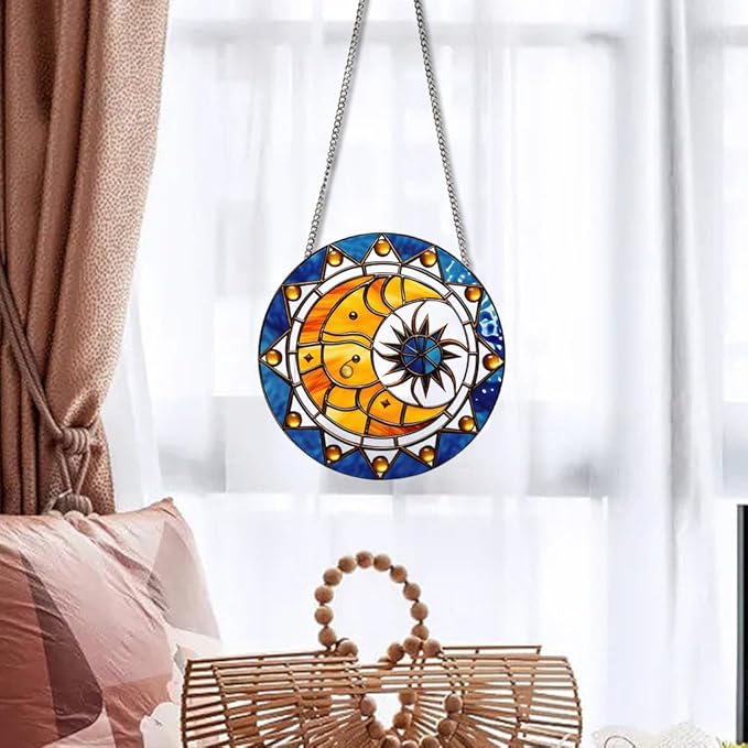 Sun and Moon Stained Window Hangings with Chain – Acrylic Retro Ornament for Garden, Patio and Indoor Decor, Housewarming Gift for Mom, Grandma and Space Lover