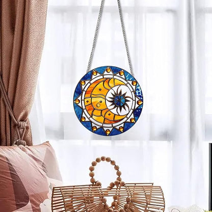 Sun and Moon Stained Window Hangings with Chain – Acrylic Retro Ornament for Garden, Patio and Indoor Decor, Housewarming Gift for Mom, Grandma and Space Lover