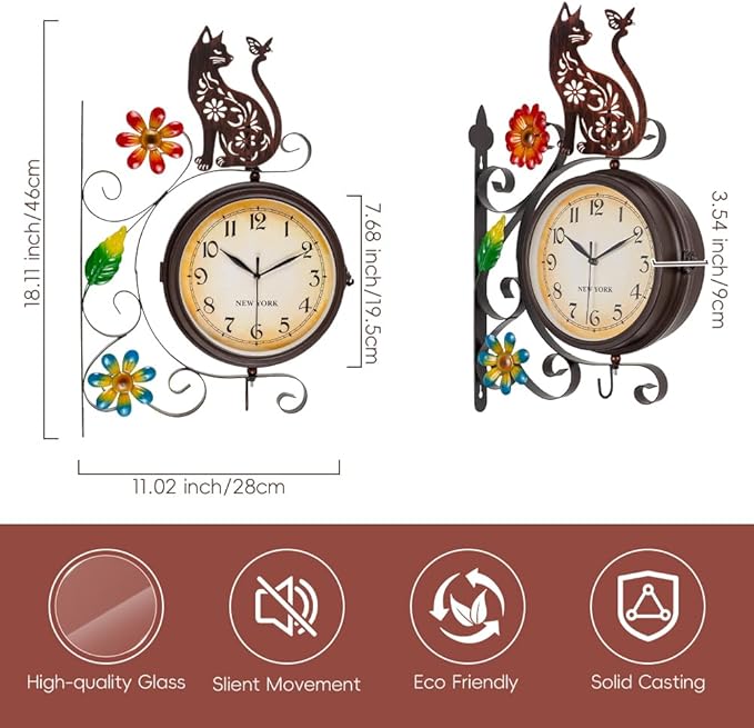 Vintage Double Sided Wall Clock with Metal Frame Antique Cat Wall Clock for Outdoor, Silent no-Ticking Watches & 360 Degree Rotate, Decorative Art Decor for Patio Living Room Restaurants