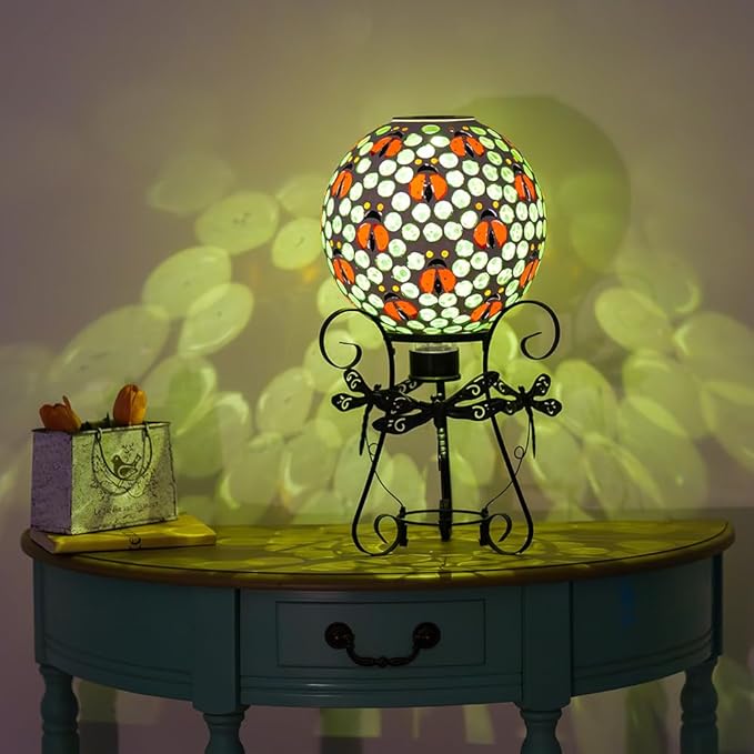 Stargarden Solar Gazing Ball, 10”Glass Gazing Globe, Mosaic Gazing Balls with Metal Ball Stand for Patio, Lawn, Garden Decor(Ladybug)
