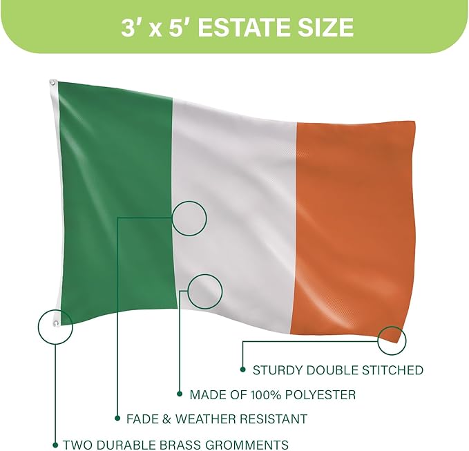 Evergreen Ireland Flag 3x5 flag Outdoor Double Sided, National Flags for Outside with Grommets, 3-Ply Banners for Garden Patio, Indoor Wall Decor for Room, Works with Standard Estate Flag Poles