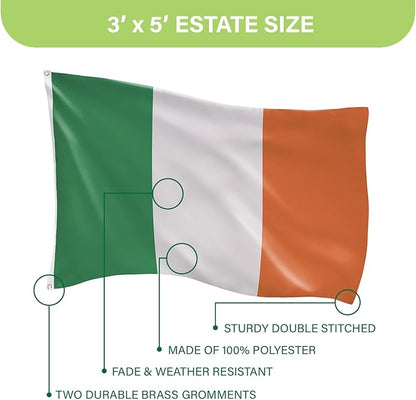 Evergreen Ireland Flag 3x5 flag Outdoor Double Sided, National Flags for Outside with Grommets, 3-Ply Banners for Garden Patio, Indoor Wall Decor for Room, Works with Standard Estate Flag Poles