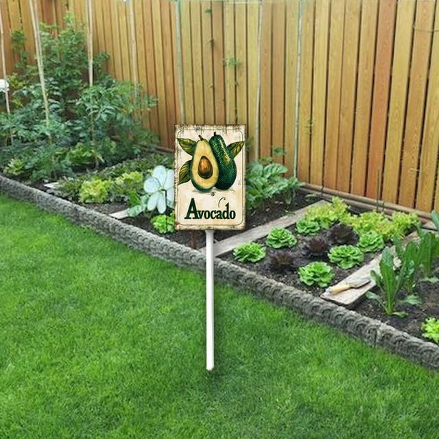 Uptell Vintage Aluminum Avocado Fruit Signs Yard Sign with Stake for Garden Fruit Garden Label Stakes Plant Markers for Outdoor Plants Waterproof 7x8.8 inch