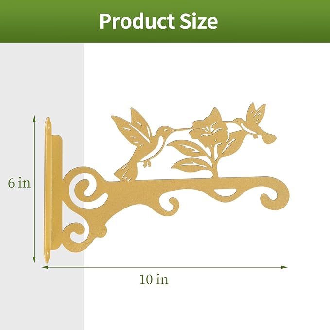 Elegant Bird Pattern Wall Hooks - 10/12/14 Inch Metal Plant Hangers for Indoor & Outdoor - Rust-Resistant Bracket for Plants, Feeders, Chimes, Lanterns (4, Gold, 10 inch)