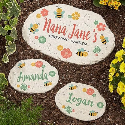 Personalization Universe Grandma's Bee Happy Garden Decor, Personalized Round Stone with Floral Design, Perfect for Outdoor Gardens, Walkways, and Mother's Day - 7.5" x 12" Size