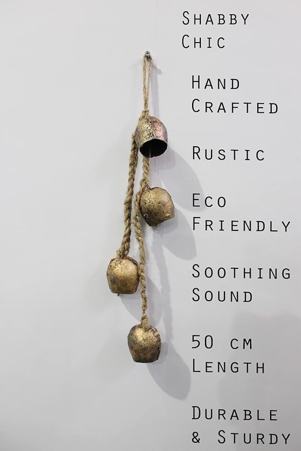 Mango Gifts Rustic Iron Barn Bell Wind Chimes with Rope, 4 Vintage Shabby Chic Hanging Bells for Boho Farmhouse Home Decor AMD Decorative Metal Wind Chime for Porch, Patio & Garden – 45 cm Height
