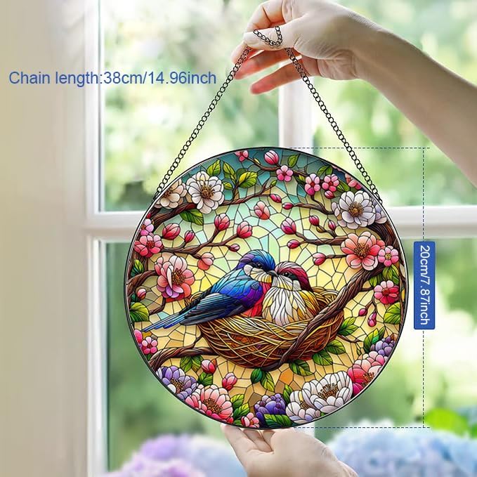 Stained Glass Window Hanging, Colorful Hummingbird and Flower Branch Suncatcher for Window Doors Garden Home Decoration, Cardinal Panel Ornaments for Women,Men,Wife, Lovers, and Mom 7.8×7.8 in