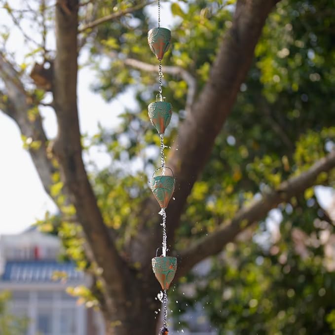 10 FT Rain Chain for Outside with 10 Bee Pattern Cups, Unique Hot Air Balloon Solar Lantern with Flickering Flame, Outdoor Decorative for Patio, Garden, Porch