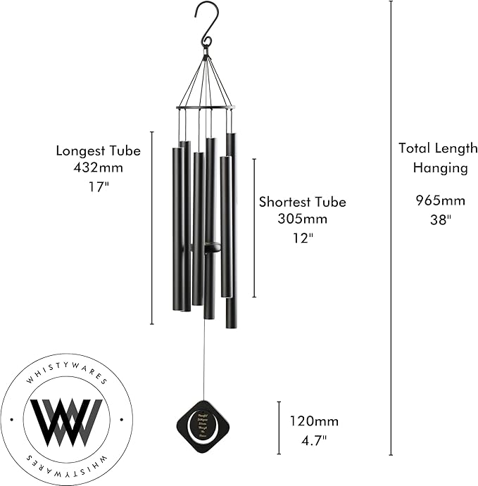 Whistywares Deep Tone Outside Wind Chime - Large Tube Wind Chimes for Outdoors - Soothing Tuned Tones - Ideal Feng Shui Chime - Windchime for Home, Garden or Patio.