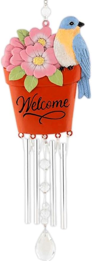Carson 14" 'Bluebird' Welcome Flower Pot Wind Chime - Floral Chime - Gardening Windchime for Outdoor Decor - Garden Patio Porch