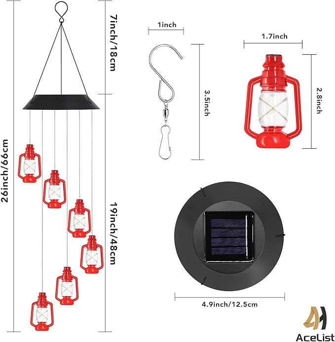 AceList Lanterns Solar Wind Chimes for Outside LED Lights, Color Changing Waterproof Windchimes Unique Outdoor Decor, Hanging Solar Power Wind Chime, Patio Yard Garden Home