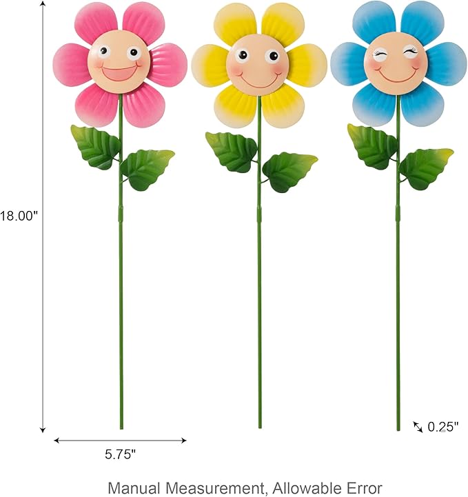 Glitzhome Set of 3 Happy Face Decorative Garden Stake, Metal Flower Yard Stakes with Hand Painted Smiling Design, Iron Garden Yard Spring Decor or Wall Decor, 18”H