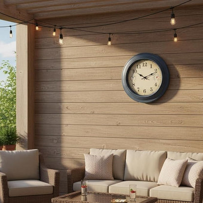 18 Inch Large Outdoor Wall Clock with Thermometer & Hygrometer, Waterproof Retro Blue Garden Clock for Patio, Pool, Backyard, Farmhouse Decor, Silent Non-Ticking