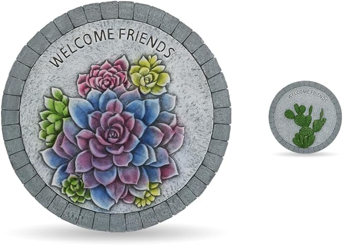 Landoraloria Cement Garden Stepping Stones Outdoor 10” Round Welcome Path Stones with Succulent Design, Outdoor Yard & Patio Decor Hand-Painted Cactus Welcome Sign
