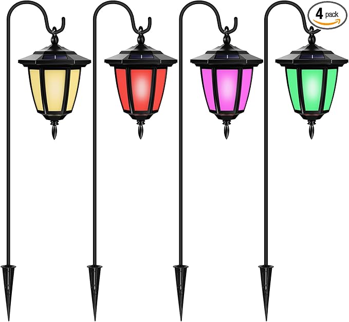 Viewsun 34 Inch Solar Hanging Lights, Shepherd Hook Lights with 4 Lighting Modes Waterproof Outdoor Decorative Solar Lantern Lights for Garden Decor, Patio, Backyard, Pathway, 4 Pack