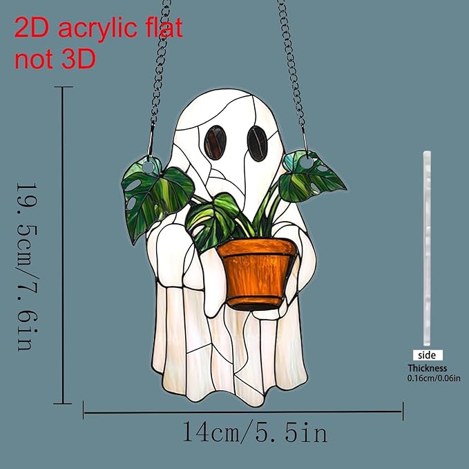 7.8Inch Cute Ghost Suncatcher Handcrafted Greenhouse Window Hanging Decor for Plants, Stained Glass Suncatchers Window Decor for Garden Family Wall，Halloween Party Gift for Friend