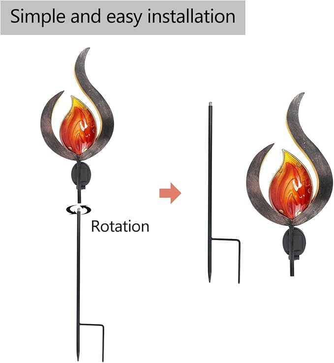 Asense Outdoor Metal Sculpture Art Decor Garden Solar Lights Pathway Stake, Solar Powered LED Lights for Lawn Patio Courtyard, Flame Shape