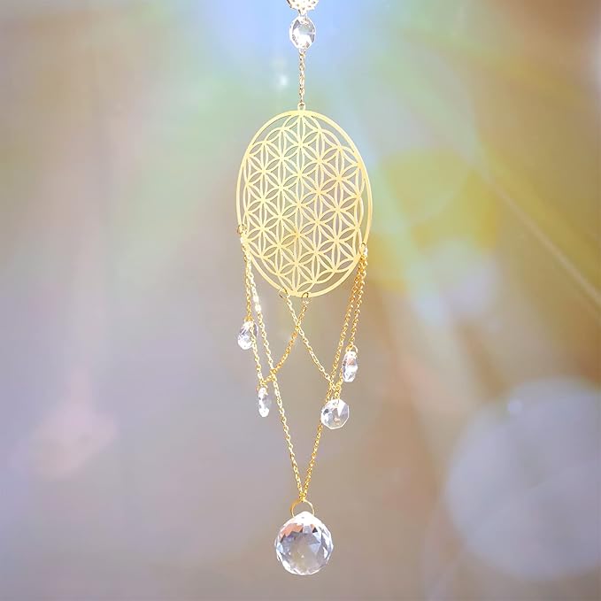 Flower of Life Crystal Suncatcher, Sacred Geometry Wall Decor, Home Office Garden Decorative Hanging Ornament