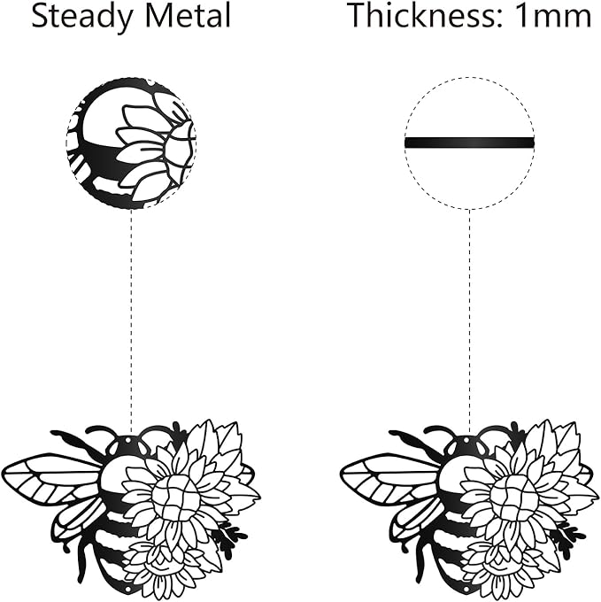 CREATCABIN Bees Metal Wall Art Decor Sunflower Sculpture Wall Hanging Decoration Sign Iron Outline Wall Art Black Rustic Decor Ornament Wall for Indoor Outside Living Room Home Office 12 x 9Inch