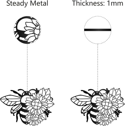 CREATCABIN Bees Metal Wall Art Decor Sunflower Sculpture Wall Hanging Decoration Sign Iron Outline Wall Art Black Rustic Decor Ornament Wall for Indoor Outside Living Room Home Office 12 x 9Inch