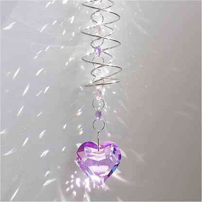 Big Heart Crystal Sun Catchers for Windows Hanging, Double-Spiral Design Gazing Ball Spiral Tail, Rainbow Maker Prism, Sun Catchers Indoor Window for Kitchen, Patio, Porch, Garden(Purple)