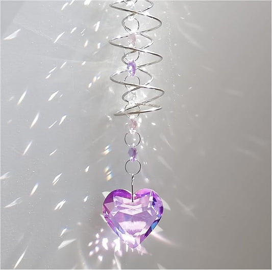 Big Heart Crystal Sun Catchers for Windows Hanging, Double-Spiral Design Gazing Ball Spiral Tail, Rainbow Maker Prism, Sun Catchers Indoor Window for Kitchen, Patio, Porch, Garden(Purple)
