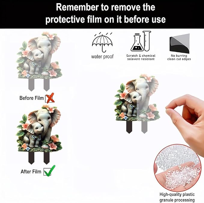 Garden Stake Decor, Acrylic 2D Flat Animal Statue, Fairy Sculptures Ornament Indoor Outdoor Yard Lawn Pot Plant Decorative Accessories (Small Elephant)