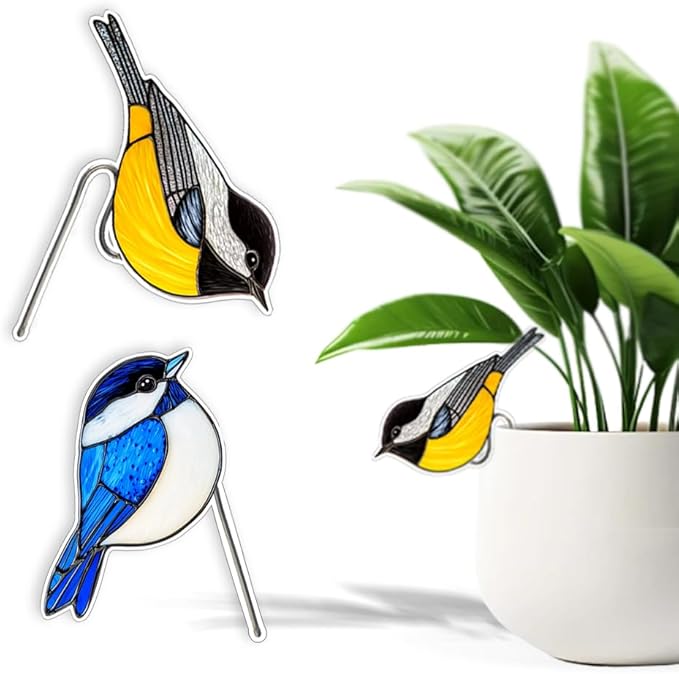 JOONOR 2 Pieces Stained Acrylic Bird Flower Pot Hugger Cute Animal Bird Statue for Planter Hanger Decorations Outdoor Fairy Garden Planter Edge Accessories