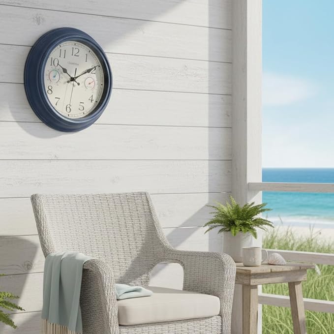 Crosstime 12 Inch Outdoor Clock with Thermometer & Hygrometer, Vintage Blue Wall Clock Waterproof, Easy to Read Decor for Patio,Garden, Pool, Backyard, Farmhouse, Bathroom