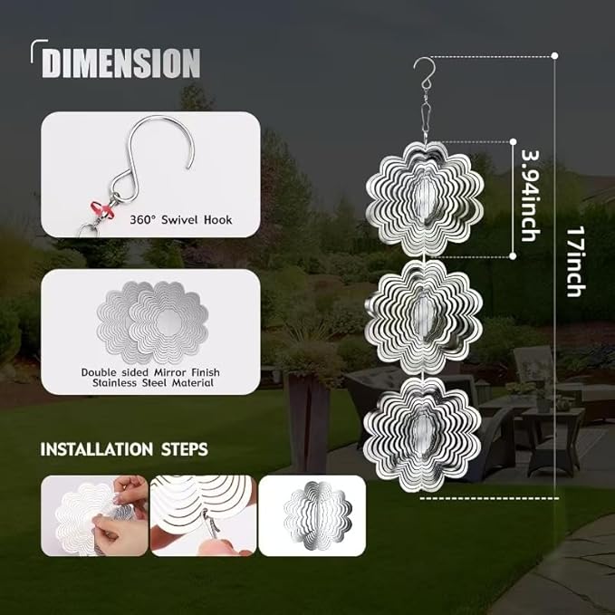 12PCS Stainless Steel Bird Deterrent Wind Spinners for Outside – Reflective Outdoor Bird Repellent Hanging Ornaments, Humane Pigeon Scarer for Yard Garden, Balcony, Patio, Roof & Window (12, Flower)