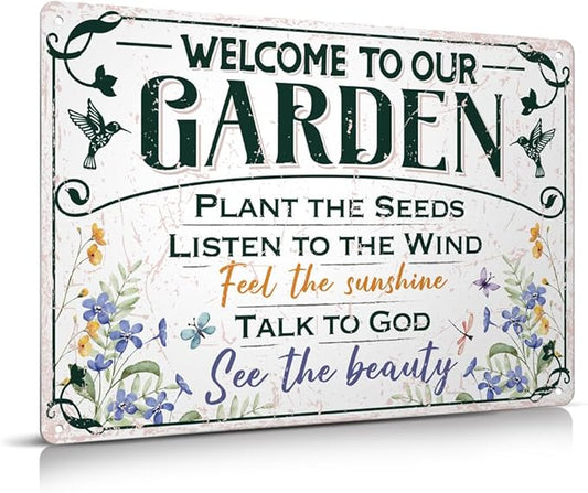 Welcome To Our Garden Metal Sign 12"x8" Outside Garden Welcome Sign Gardening Gifts and Decorations for Women Gardeners Plant Lovers