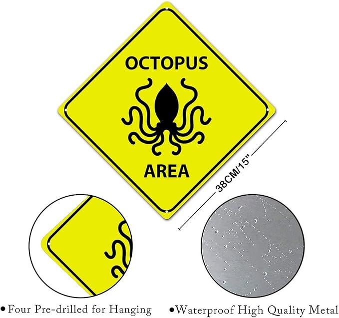 Octopus Crossing Xing Sign Beware of Octopus Metal Sign Ocean Animal Funny Warning Sign Crossing Zone Sign for Farm Yard Front Door Indoor Outdoor Street Sign 15x15in