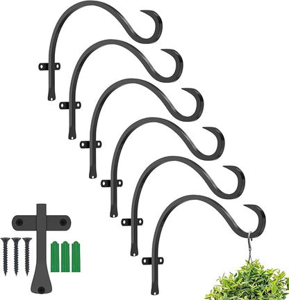 12 Inch Heavy Duty Plant Hanger Wall Hook 6 Pack - Black Iron Hanging Plant Bracket Holds 44 lbs - Rust Resistant Indoor Outdoor Hooks for Bird Feeders Lanterns Wind Chimes Hanging Baskets with Screws