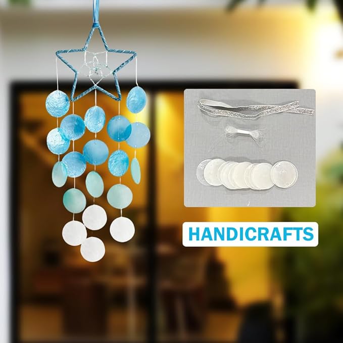Hanging Wind Chimes for Outside Decoration,Balcony Garden Decor of Star Shaped Capiz Shell Wind Chime,Coastal Style Decor for Indoor/Outdoors,Great Gift for Women (Blue)